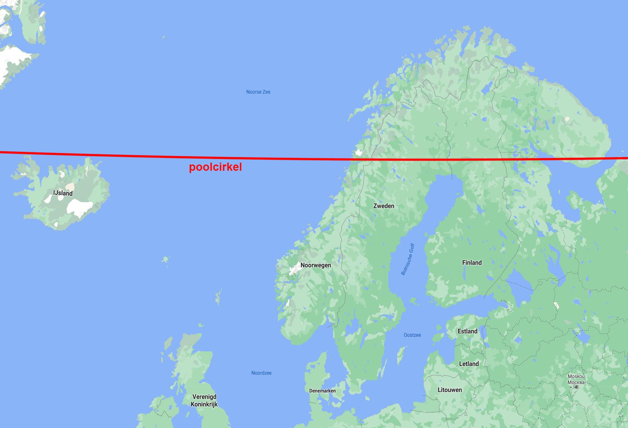 De poolcirkel loopt door Scandinavië