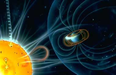 De interactie van de zonnewind en het aardmagnetisch veld. Foto:NASA